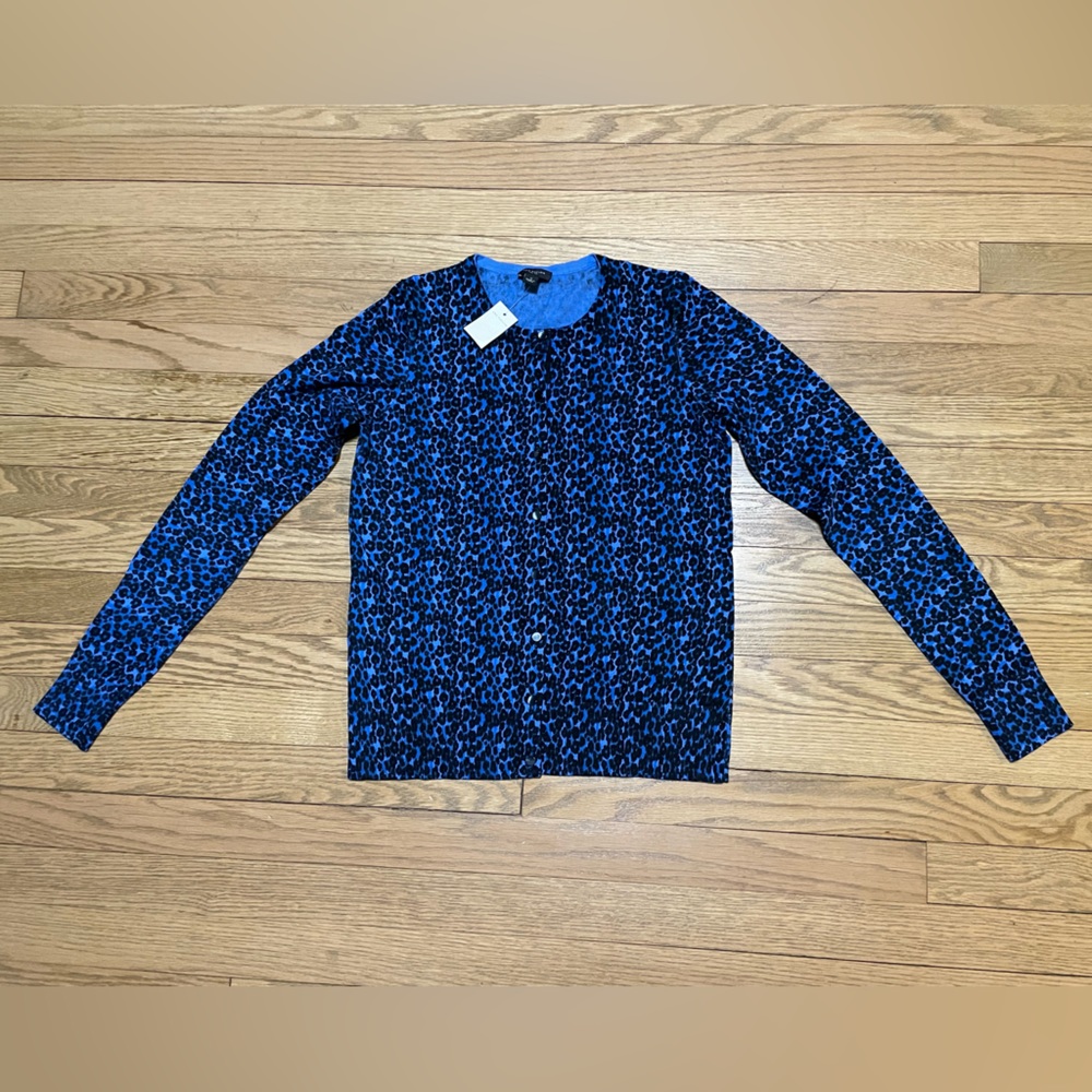 NWT - ANN TAYLOR Blue Animal Print Long Sleeve Leopard Cardigan Sweater